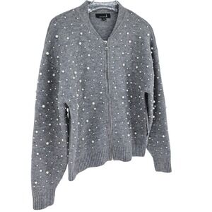 NWT L Women's Pearl Embellished Bomber Sweater Full Zip Gray Romantic Chic Luxe